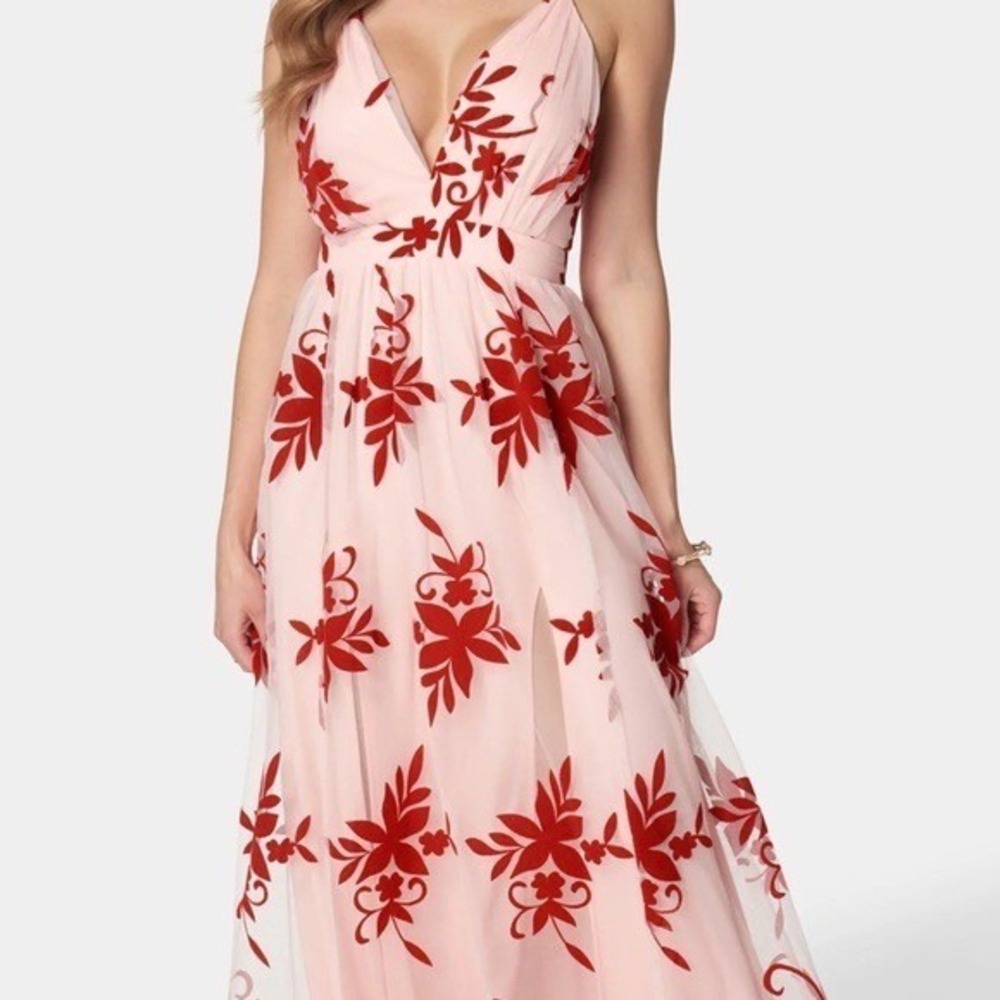 Bebe NWT Pink Floral Maxi Dress Red Embroidered Slit V Neck Spaghetti Strap